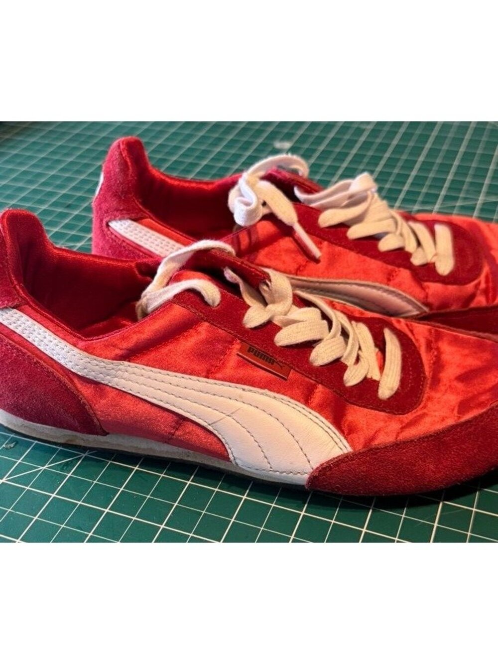 Puma Red Suede Satin Sneakers White Accents Lace-Up Womens Casual Size 8 Retro - Picture 3 of 9